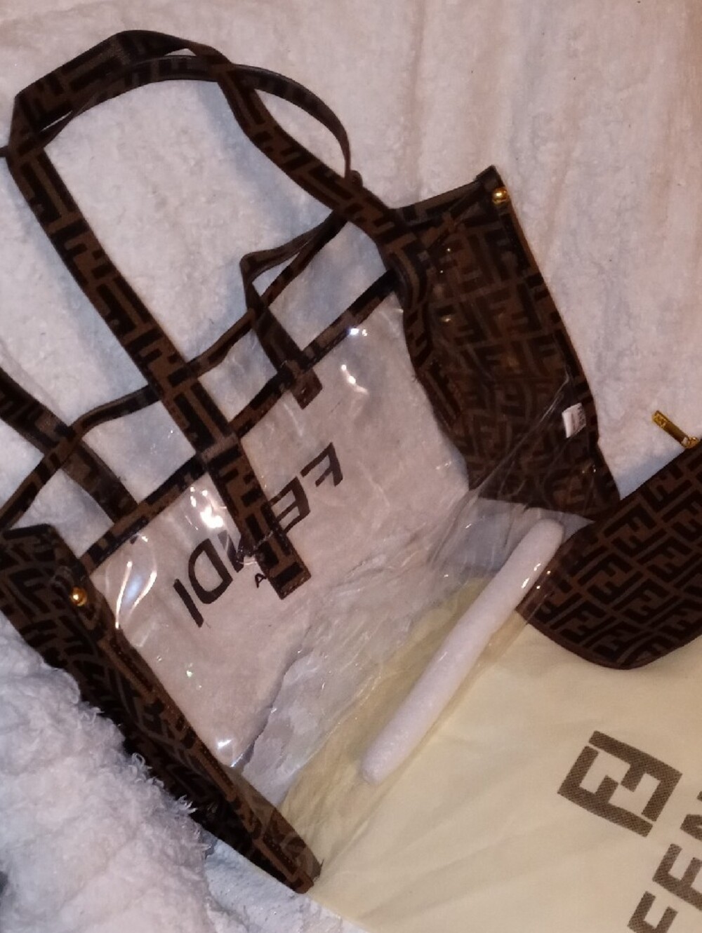 Fendi Clear Tote with Brown FF Monogram Trim and Matching Pouch - Picture 9 of 13